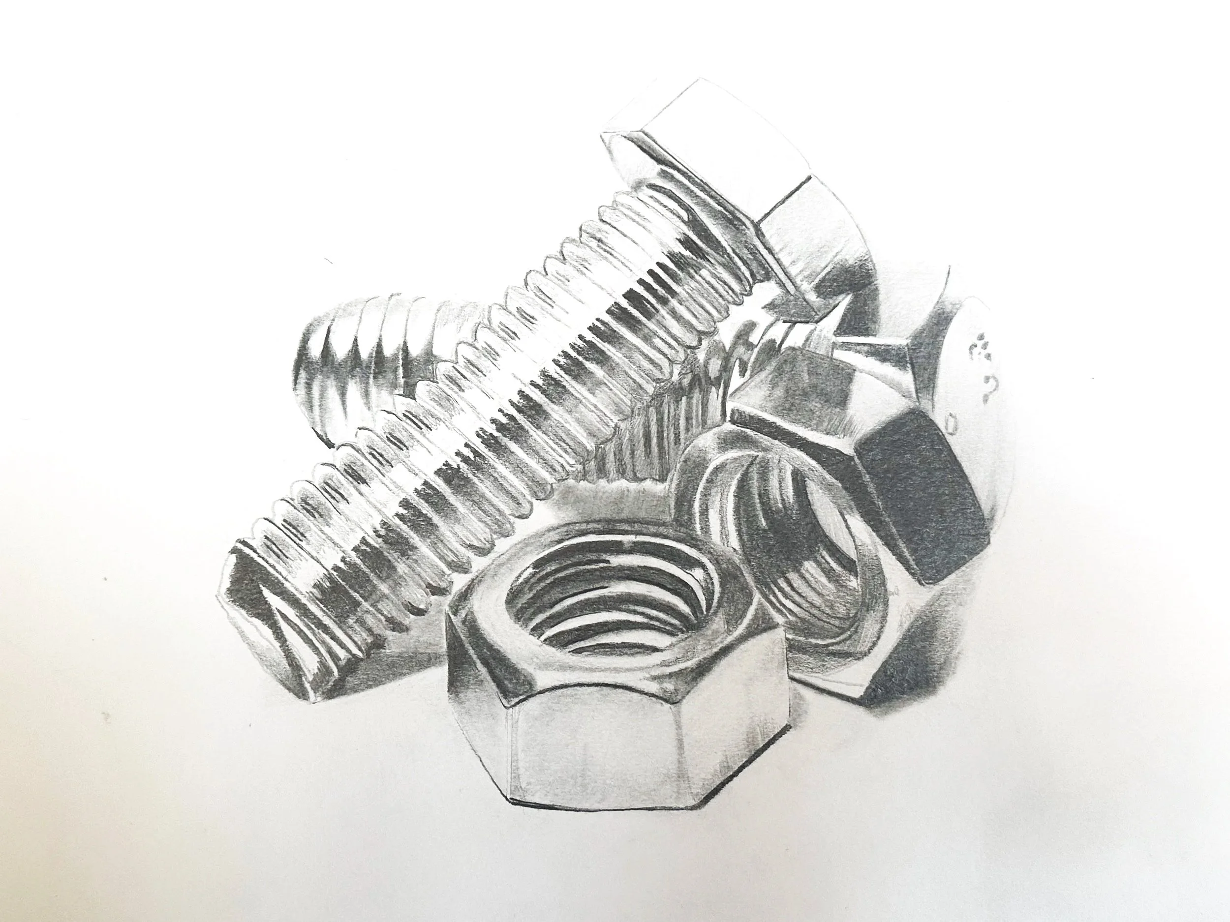 A detailed pencil sketch of a bolt and a nut.