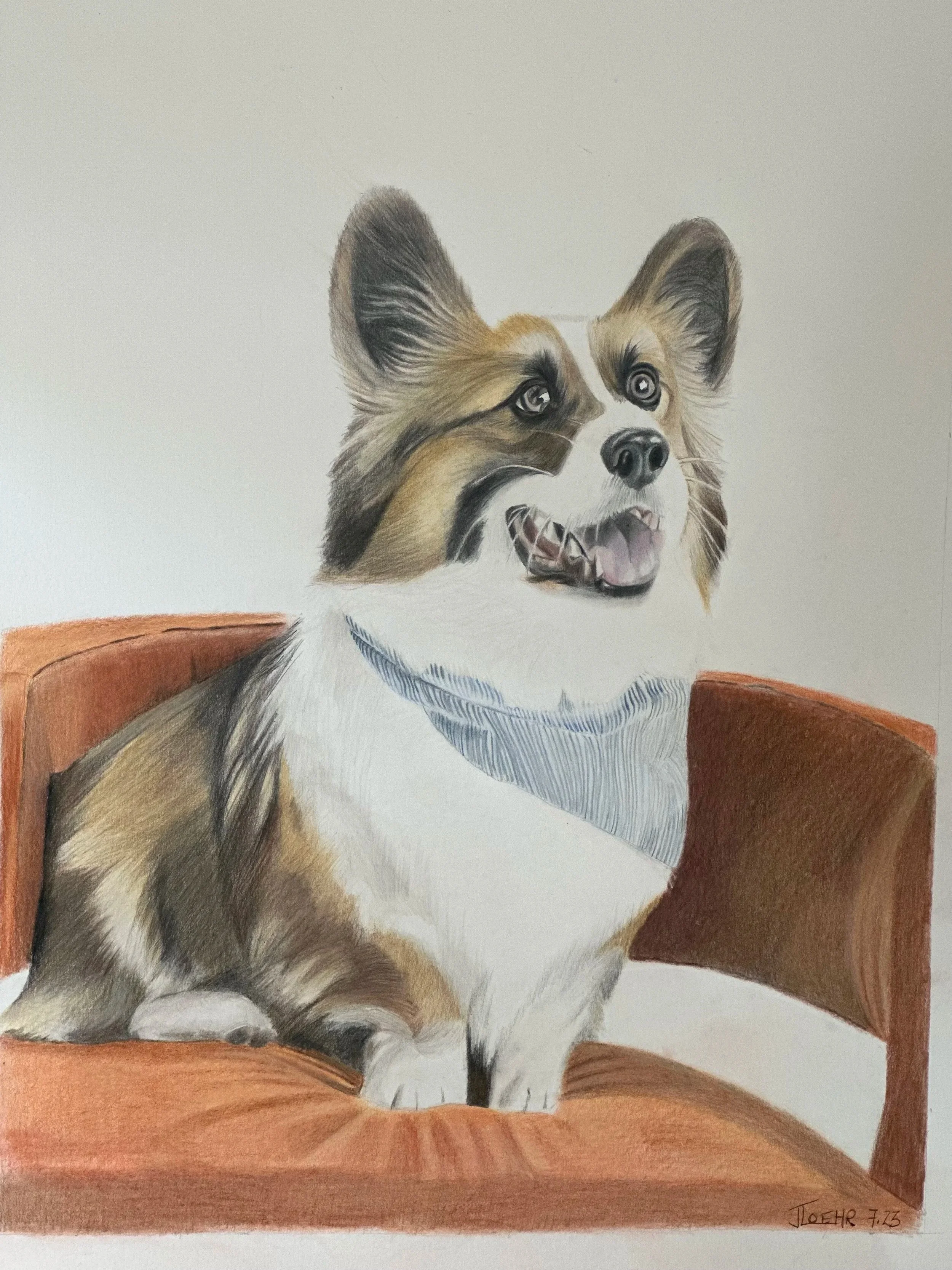 A realistic colored pencil drawing of a happy dog with large ears sitting on a brown armchair, wearing a blue and white striped bandana.