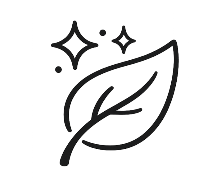 A simple line drawing of a leaf with sparkling stars around it, symbolizing cleanliness or freshness.