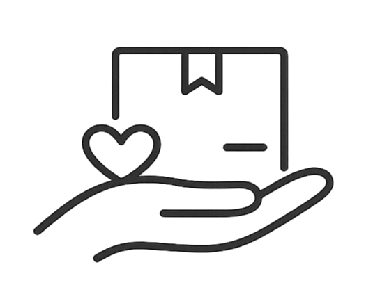 Outline drawing of a hand holding an open box with a heart-shaped object inside and a bookmark sticking out from the top of the box.