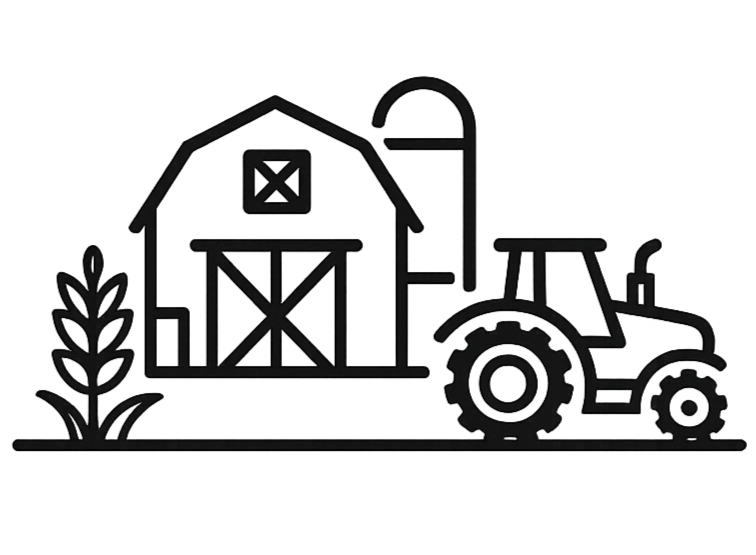 Outline illustration of a farmhouse with a tractor beside it and a plant growing in front.