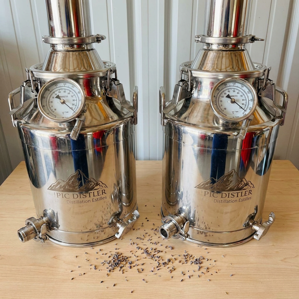 Two distillers sitting side by side with lavender on the table