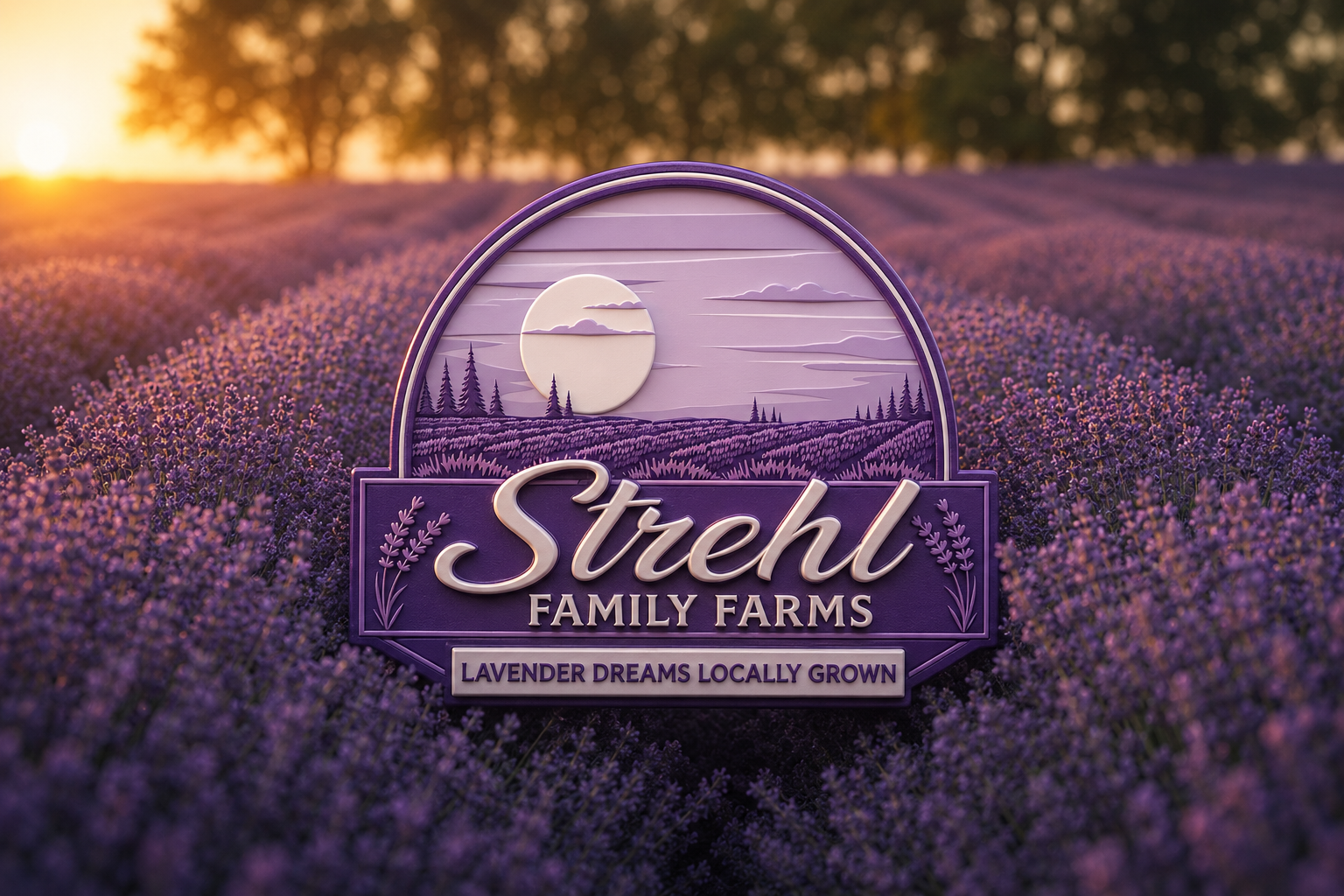 A lavender farm at sunset with a sign reading "Strehl Family Farms Lavender Dreams Locally Grown." The sign features a lavender field, trees, and a moon.