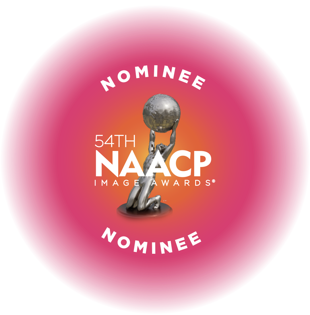 Award badge for the 54th NAACP Image Awards, featuring a silver figure kneeling and holding a globe with the word 'NOMINEE' at the top and bottom.