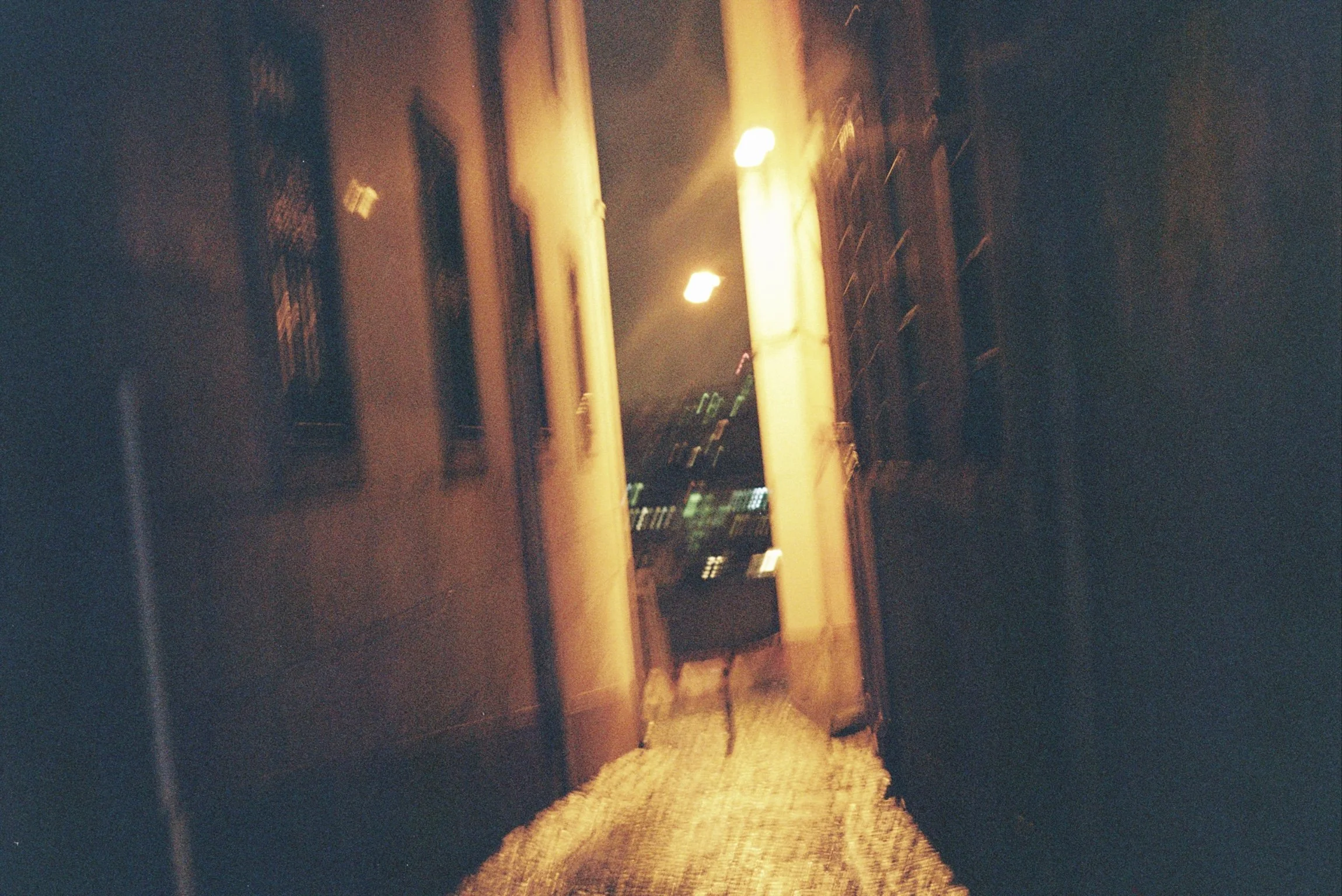 Dimly lit alleyway at night with buildings on both sides and a glowing streetlight overhead.