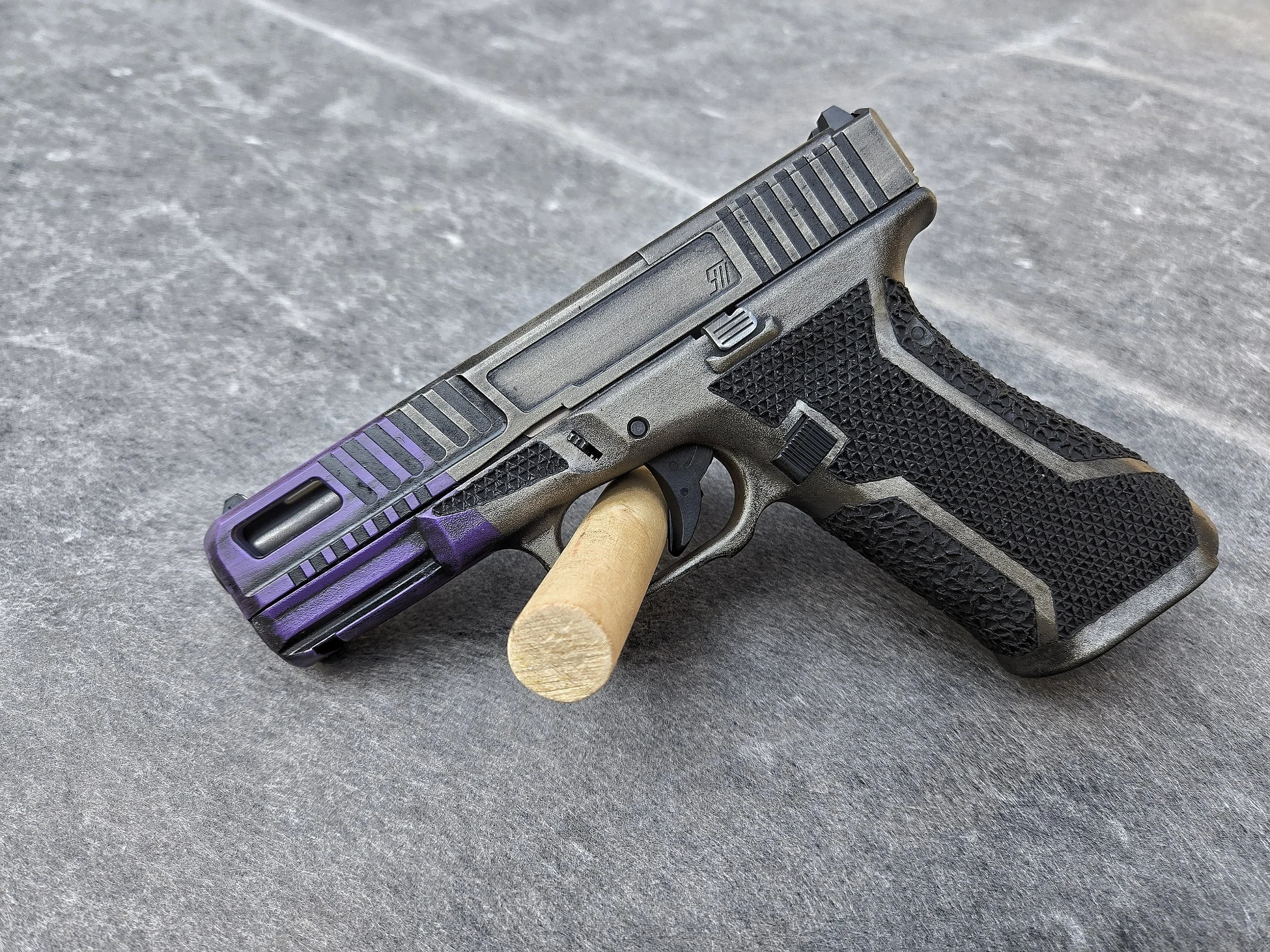 2 Color Distressed Pistol Slide+Frame+2 Pattern Artistic+Thumb Ledge Stippling Example - $535