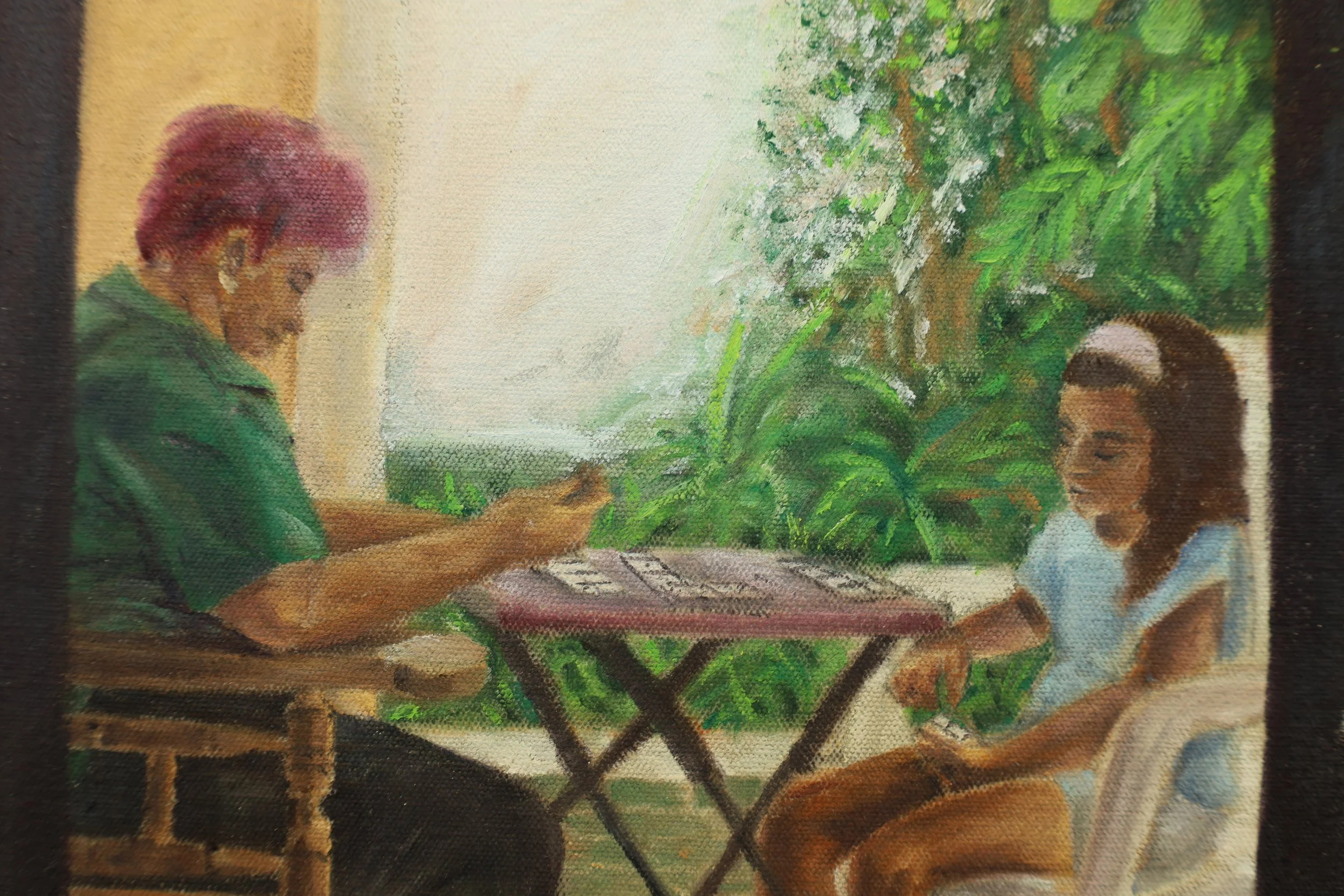 Painting of grandmother and grandchild sitting at a table playing dominos, with plants in the background.