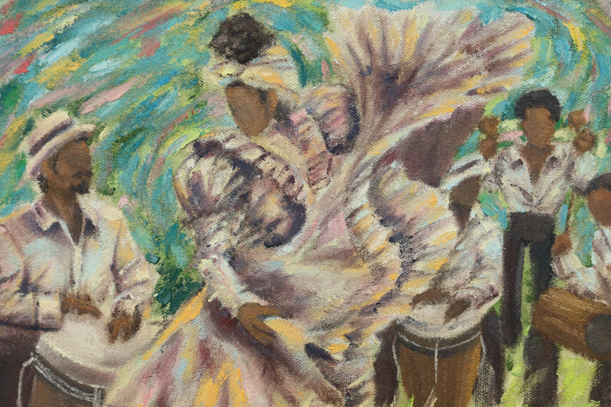 A colorful abstract painting of a woman with curly hair, closed eyes, and a gentle expression, surrounded by vibrant colors and brushstrokes dancing.