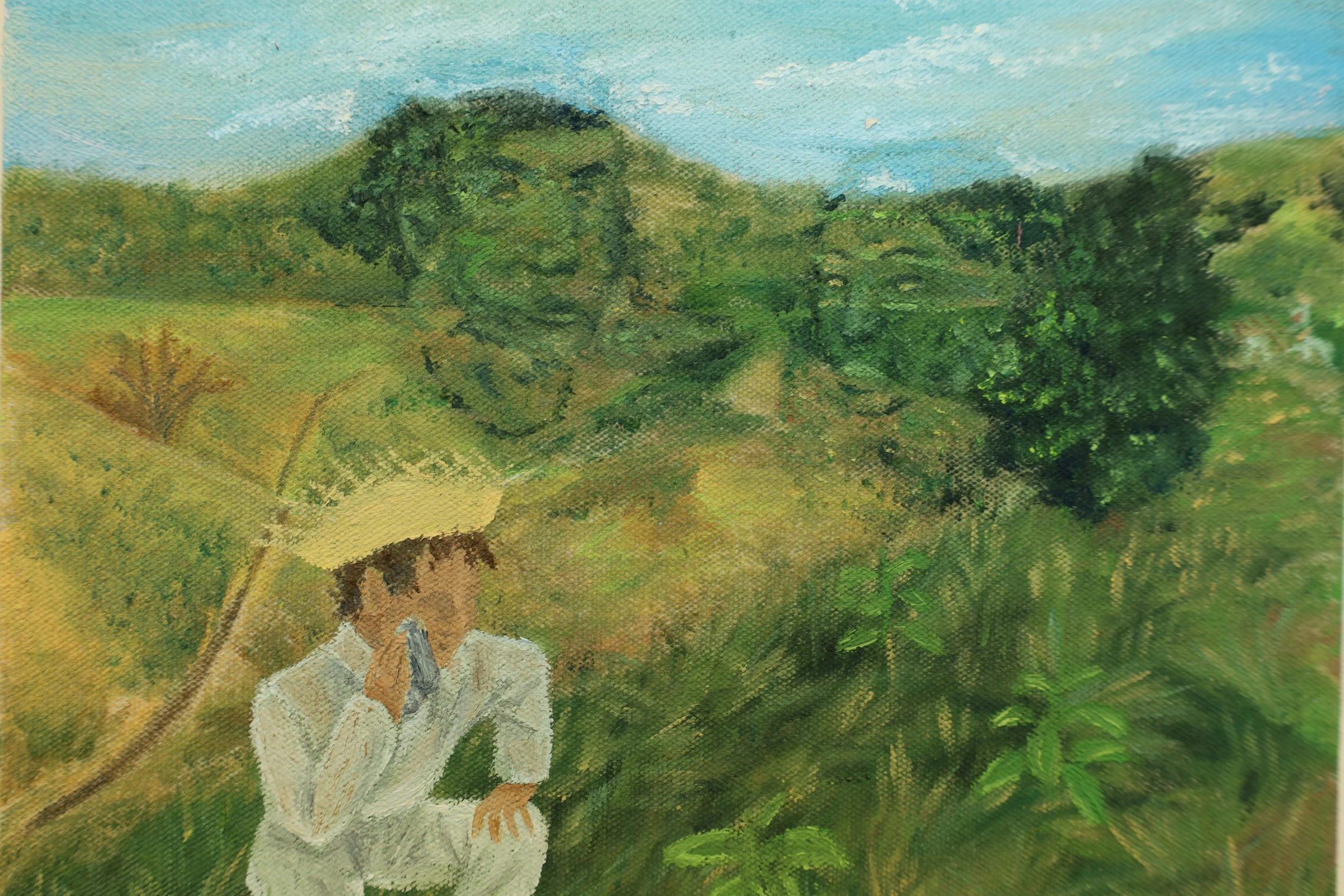 A person dressed in white, standing outdoors among trees and greenery, with a partly cloudy sky overhead. woeking in the fields with his ancestors looking down camouflaged in the background. 