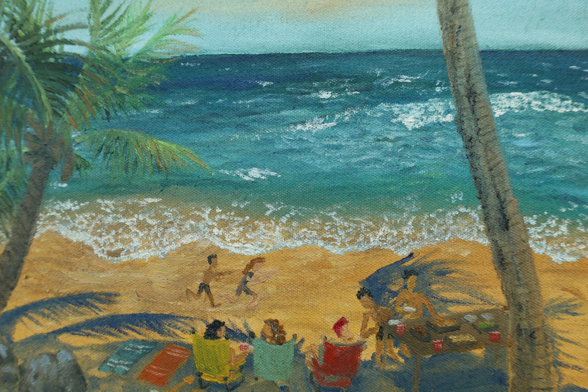 Painting of a beach scene with palm trees, ocean waves, sand. 