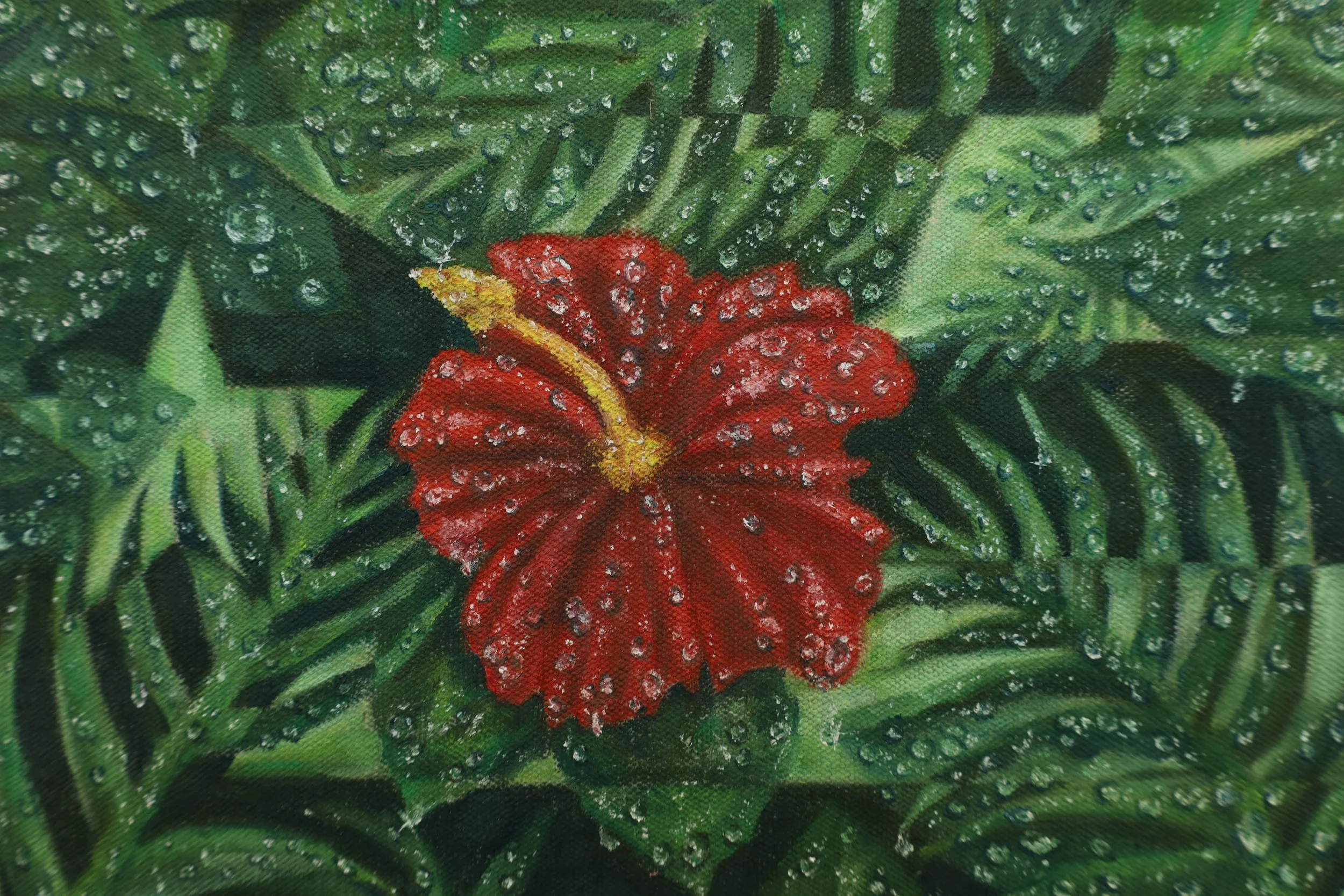 Painting of Puerto rican Flag with green leaves and a red flower with water droplets on it.