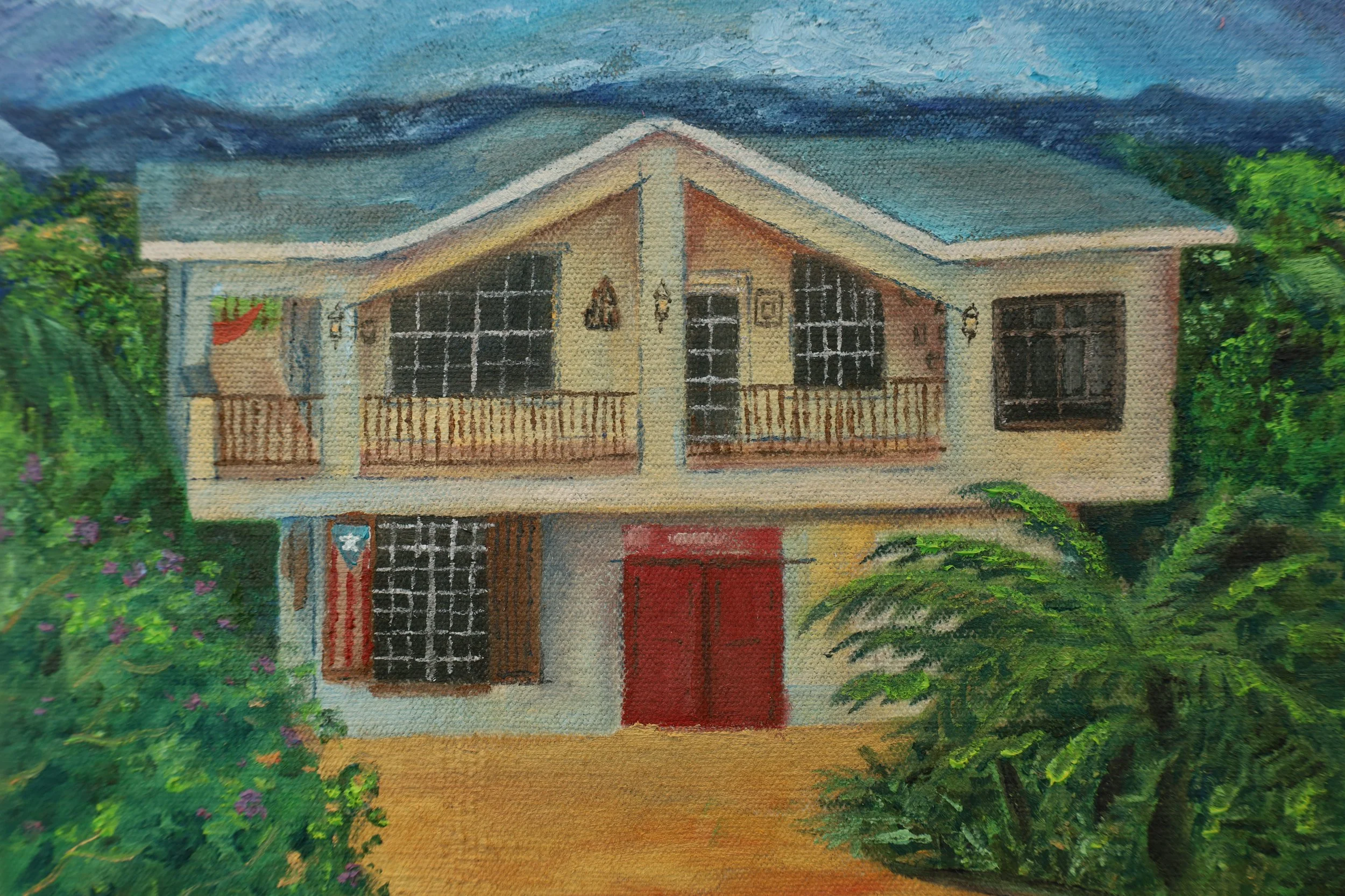 A painting of a house with a large front porch, surrounded by green bushes and trees, under a cloudy sky.