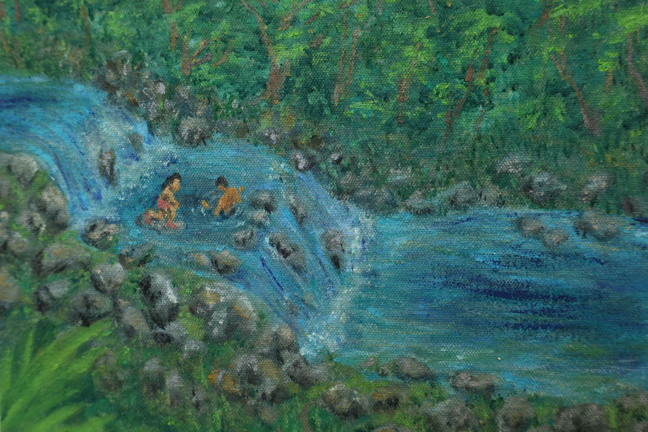 A painting on canvas depicting two children playing by a stream, surrounded by lush green trees.