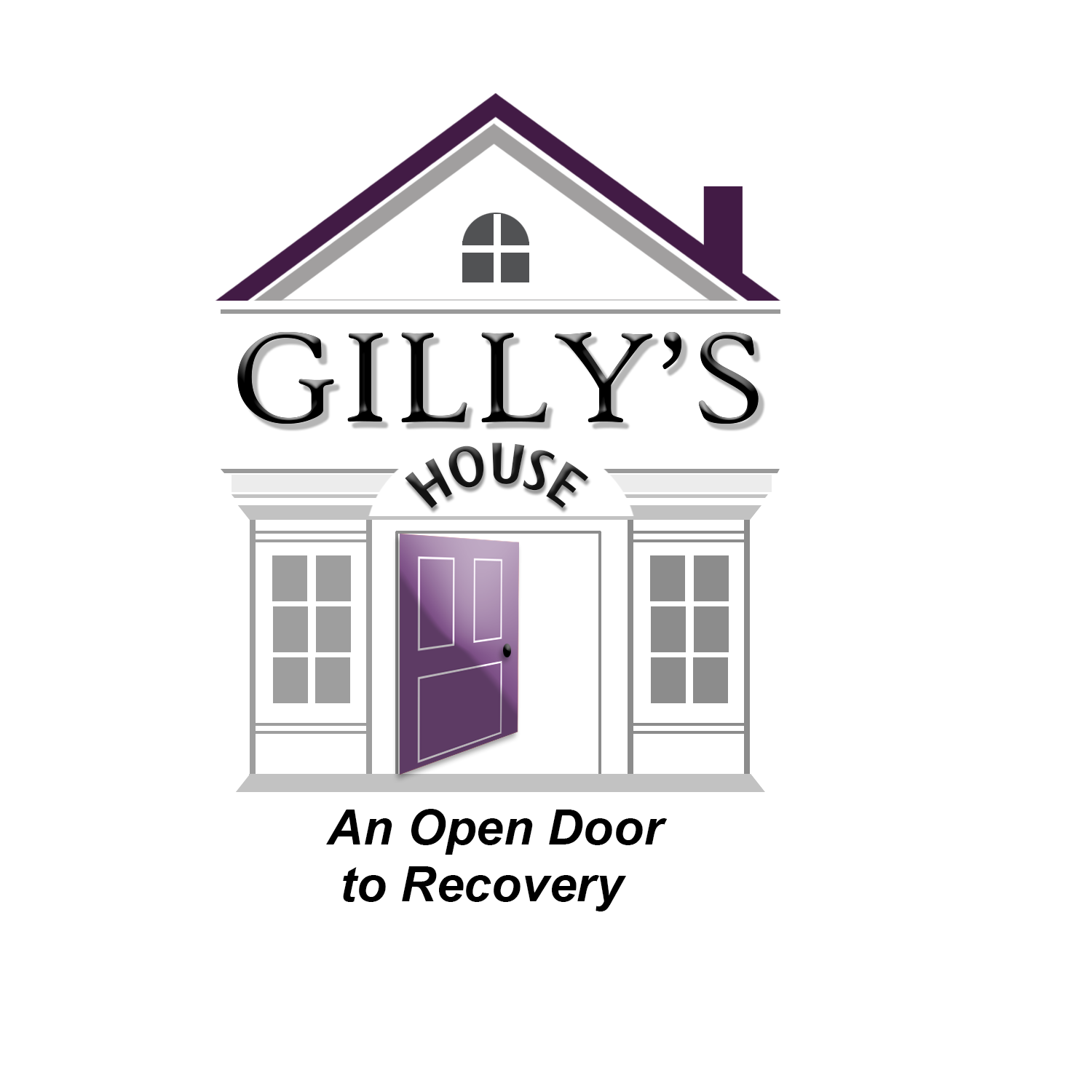 Graphic of a house with a purple door and a sign that reads 'Gilly's House' with a tagline 'An Open Door to Recovery'.
