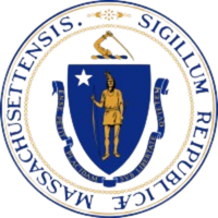 State of Massachusetts seal featuring a Native American holding a bow and arrow, with a star above