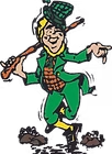 Cartoon character of a person dressed as a leprechaun, wearing a green hat, jacket, and pants, holding a mug, with a joyful expression.