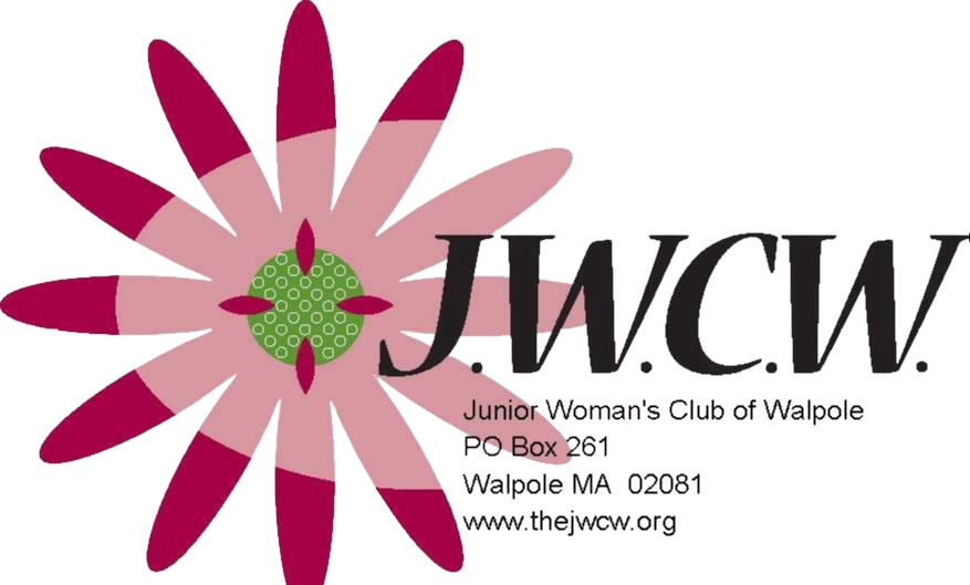 Logo of Junior Woman's Club of Walpole with a pink and red flower graphic and contact information.