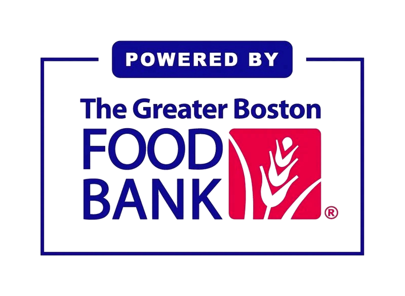 Logos of the Greater Boston Food Bank with a red icon representing food donation or distribution.