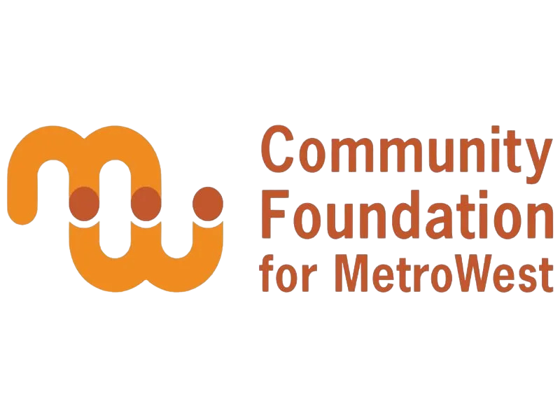 Logo of the Community Foundation for MetroWest, featuring stylized orange 'C' with brown dots, and the organization's name in red and orange text.