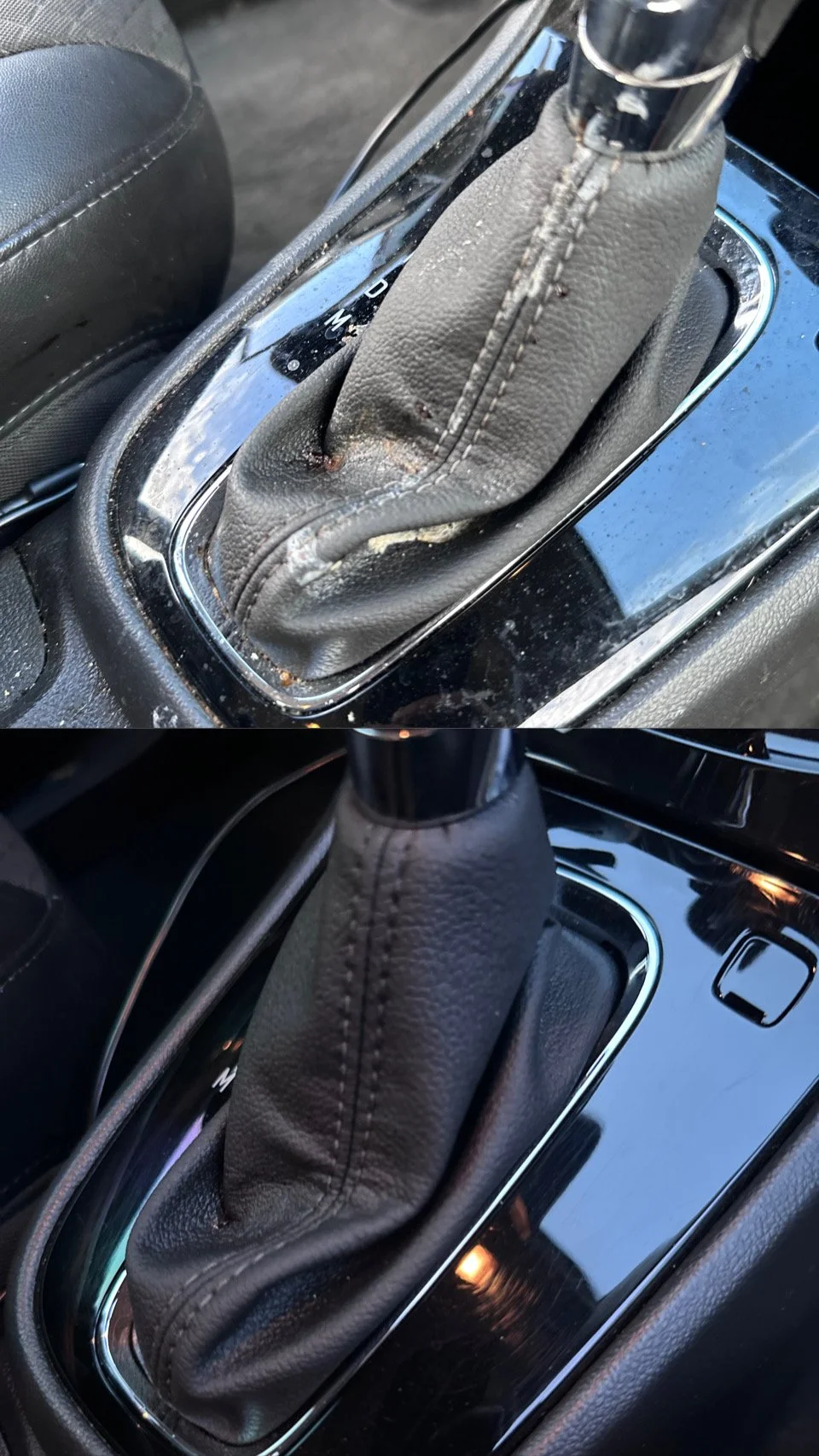 Close-up of a worn black leather car gear shift boot and chrome automatic transmission shifter on a glossy center console