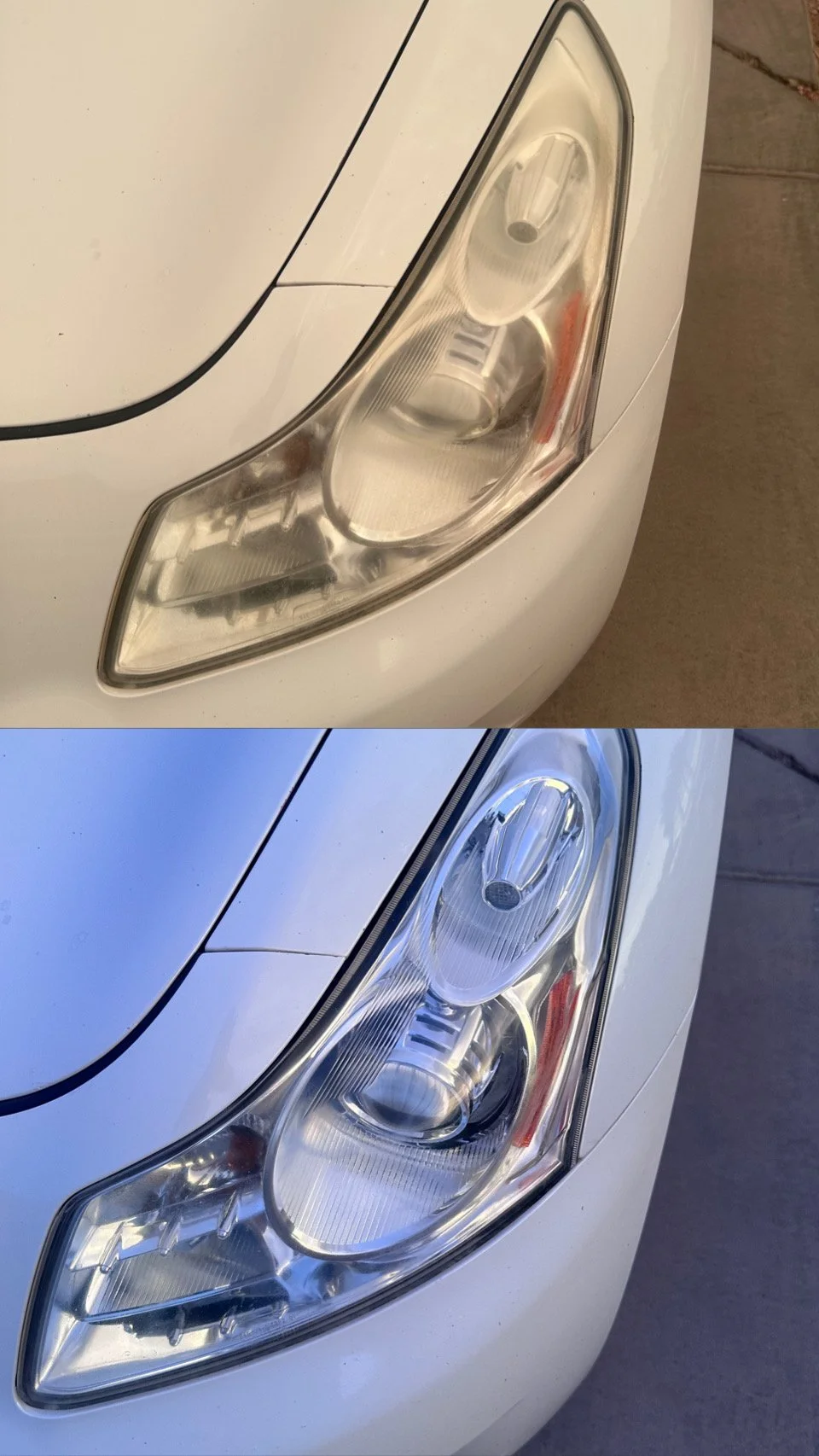 Before-and-after photos of a cloudy white car headlight restored to a clear finish