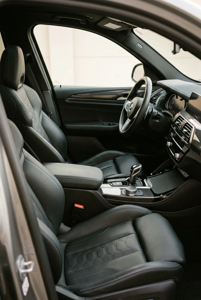 Luxury BMW SUV interior with black leather seats, carbon-fiber trim, steering wheel, digital instrument panel, and center console.