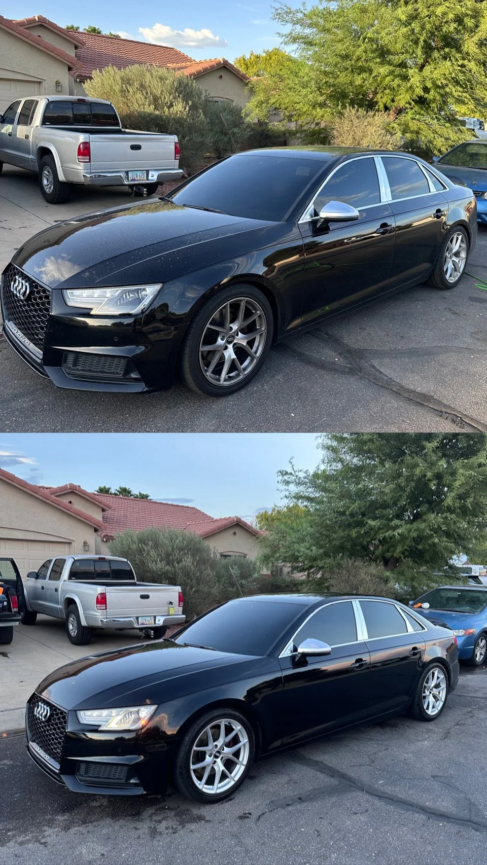 Black Audi sedan parked in a residential driveway, photographed from two angles with a silver pickup truck and suburban home in the background.