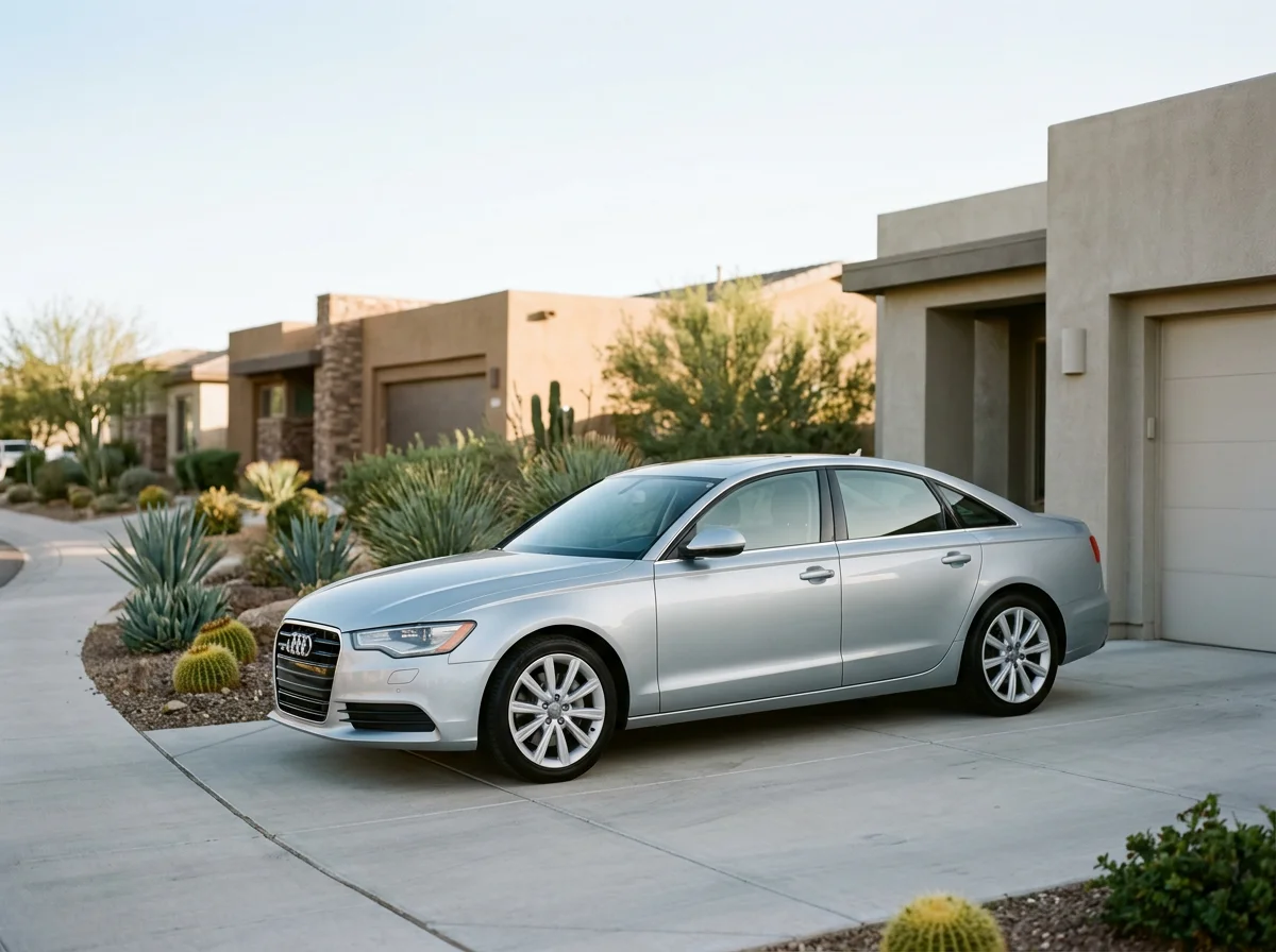 Silver Audi sedan parked in the driveway of a modern desert-style home with agave and cactus landscaping