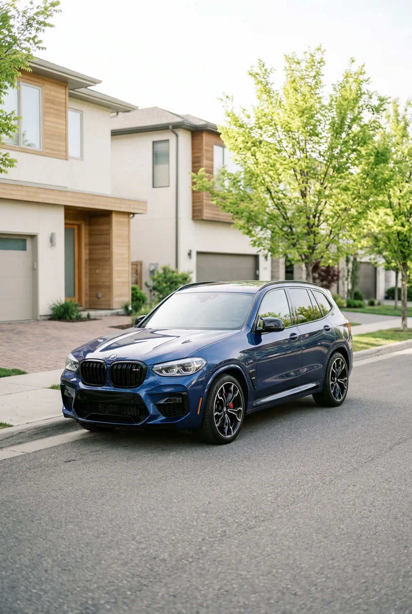 Blue BMW SUV parked on a suburban residential street in front of modern homes and trees