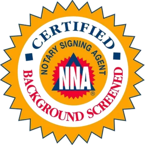 A seals badge with a gold starburst border, indicating a notary public has been background screened and background screened by NNA.