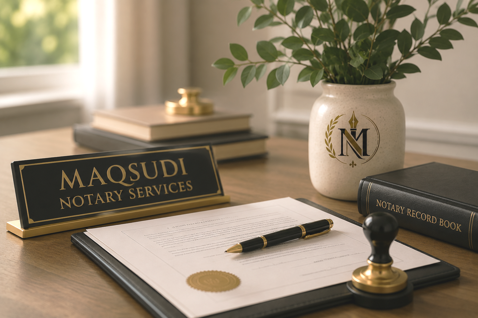 A desk with a notary sign, open document with gold seal, pen, notary record book, potted plant, books, and a stamp.