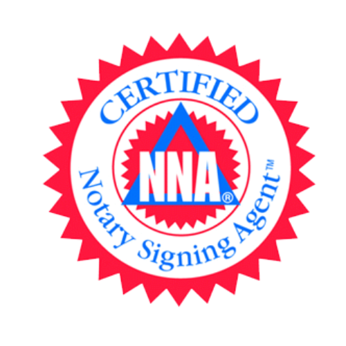 Certified Notary Signing Agent badge with red, white, and blue colors, featuring the NNA logo in the center.