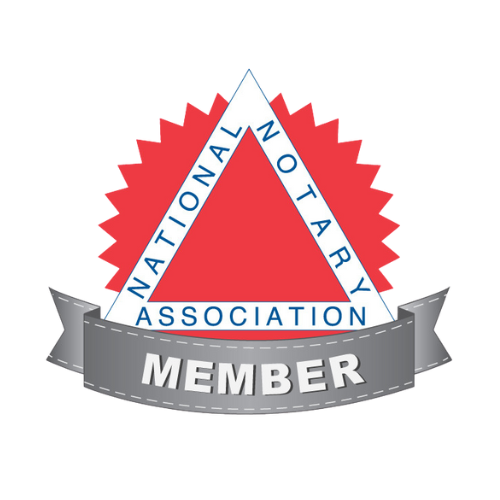 Seal with a red triangle and blue border that reads National Notary Association, with a gray ribbon at the bottom that says Member.