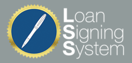 Logo of a loan signing system, featuring a blue circle with a white pen and a yellow border, alongside the text 'Loan Signing System' in white on a gray background.