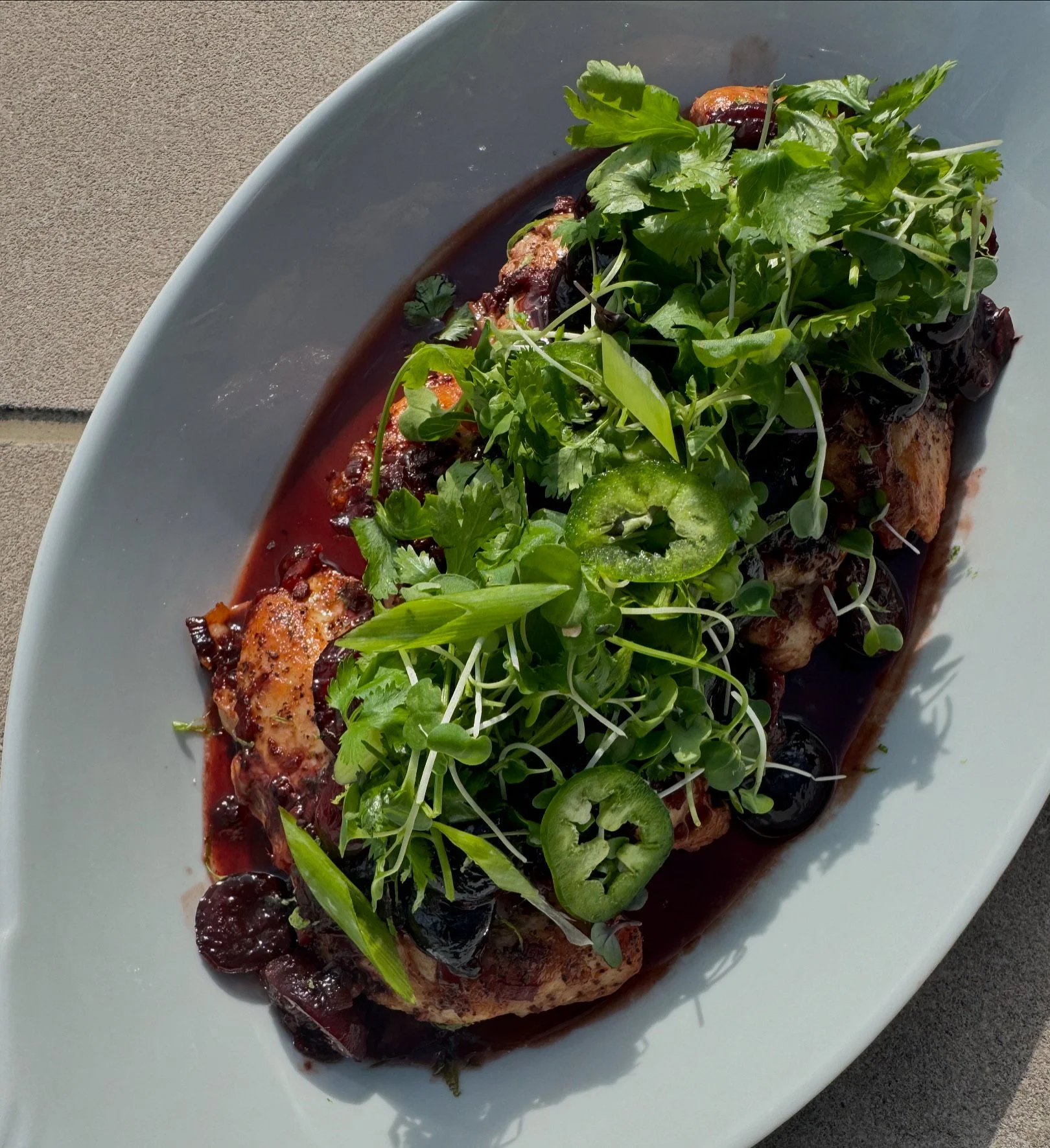 Cherry Glazed Chicken with Spicy Herb Salad