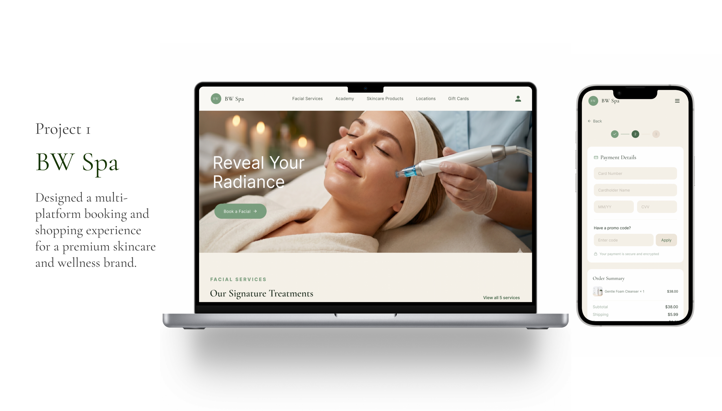 A website shown on a laptop and a smartphone for BW Spa, featuring a woman receiving a facial treatment with a handheld device, and a checkout page with payment details.
