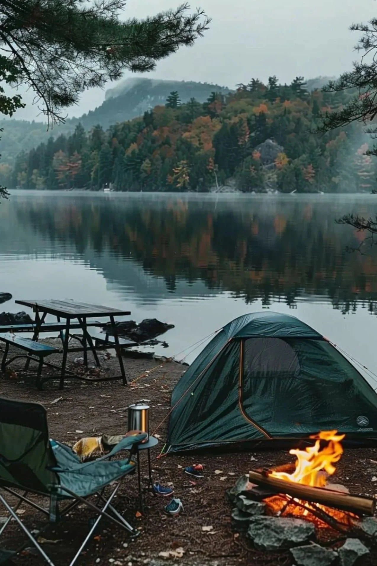 A camping scene by a lakeside with a tent, a campfire, chairs, and a wooded landscape reflected in the calm water.