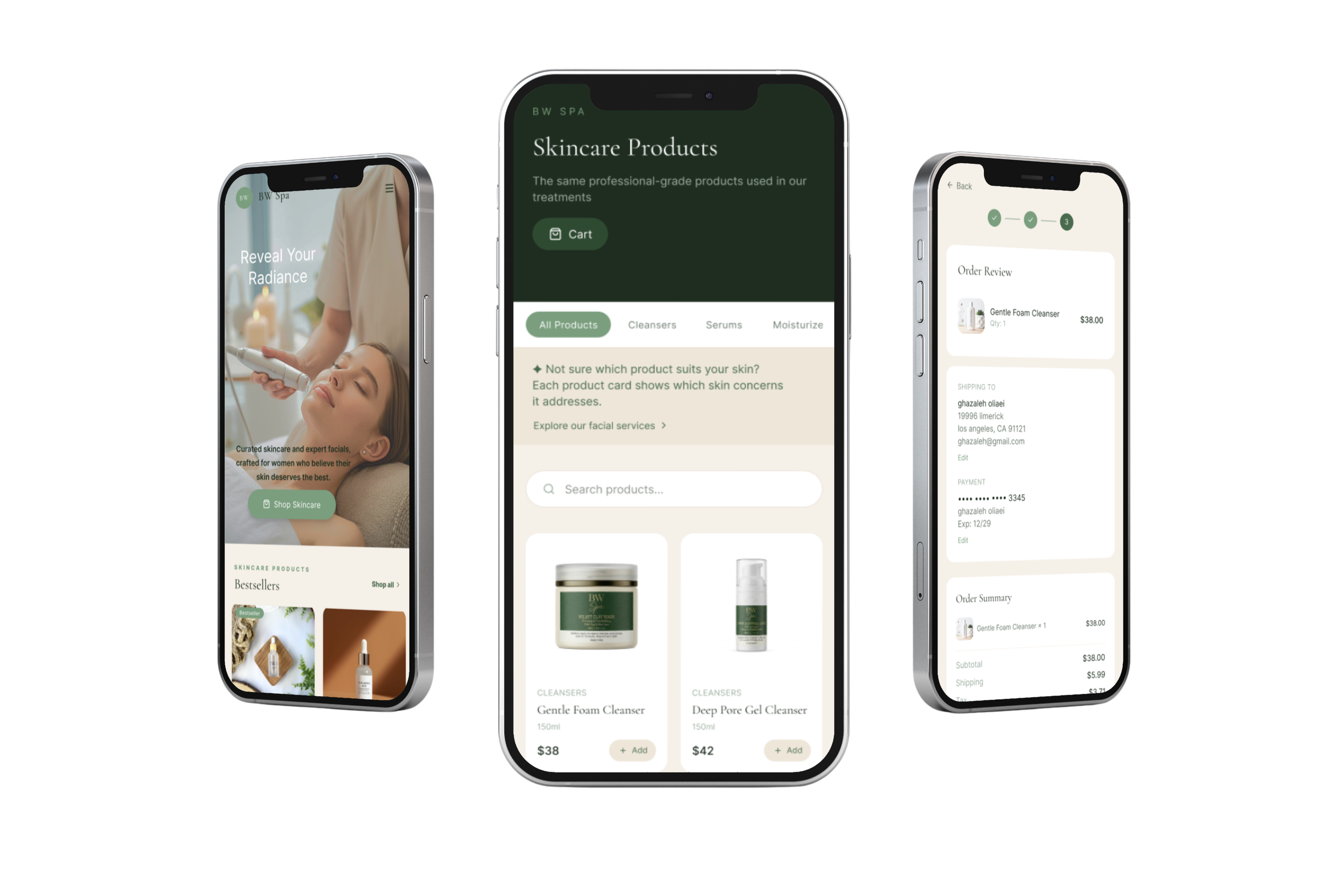 Three smartphone screens displaying an online skincare shop, showing product pages, shopping cart, and checkout process.
