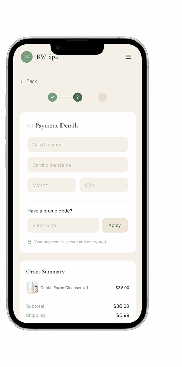 Mobile phone screen showing an online payment form for BW Spa, with fields for card details, promo code, order summary for a Gentle Foam Cleanser, subtotal $38.00, and shipping $5.99.