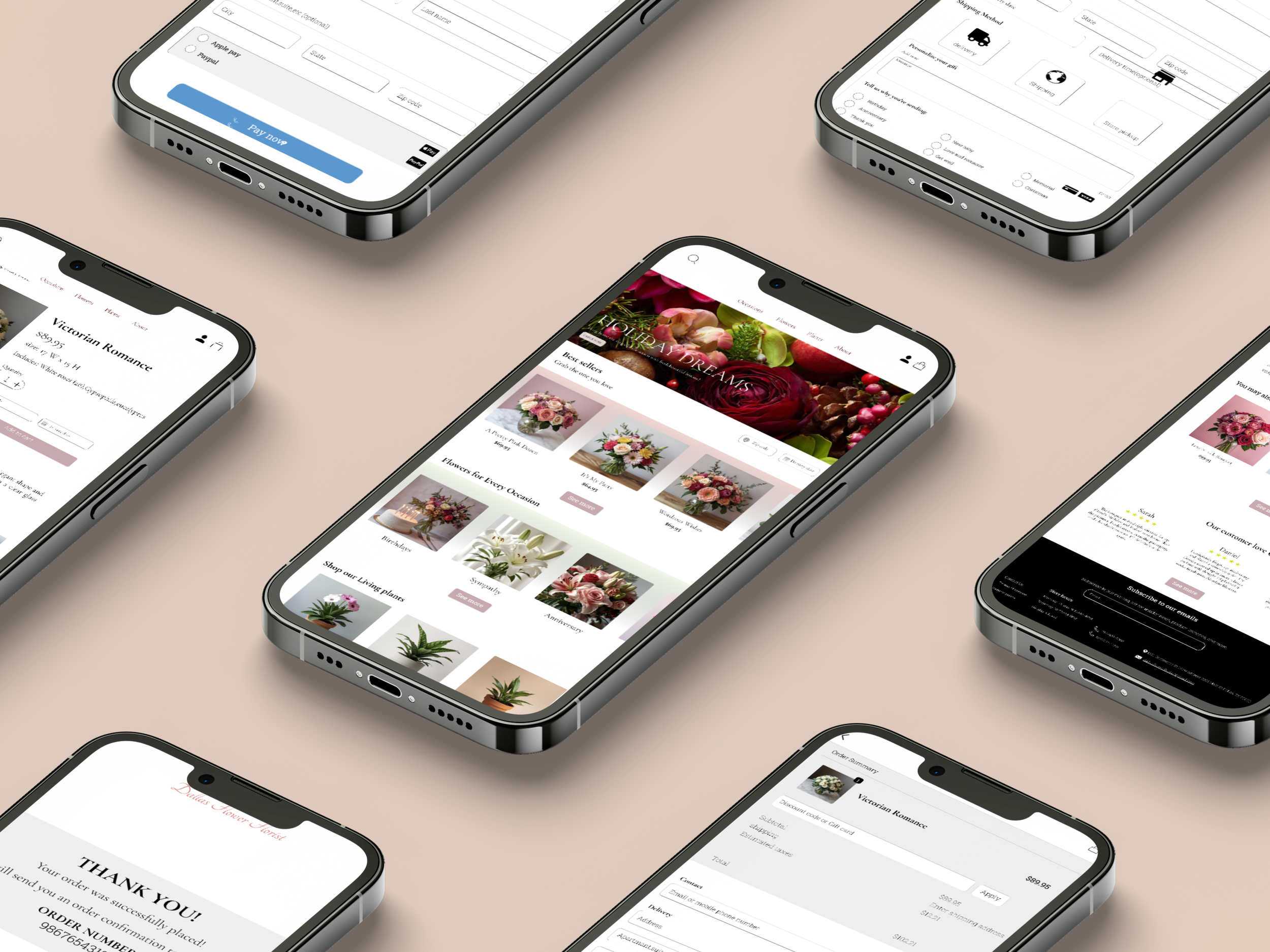 Multiple smartphone screens displaying various online shopping and payment app interfaces, including floral arrangements and checkout pages.