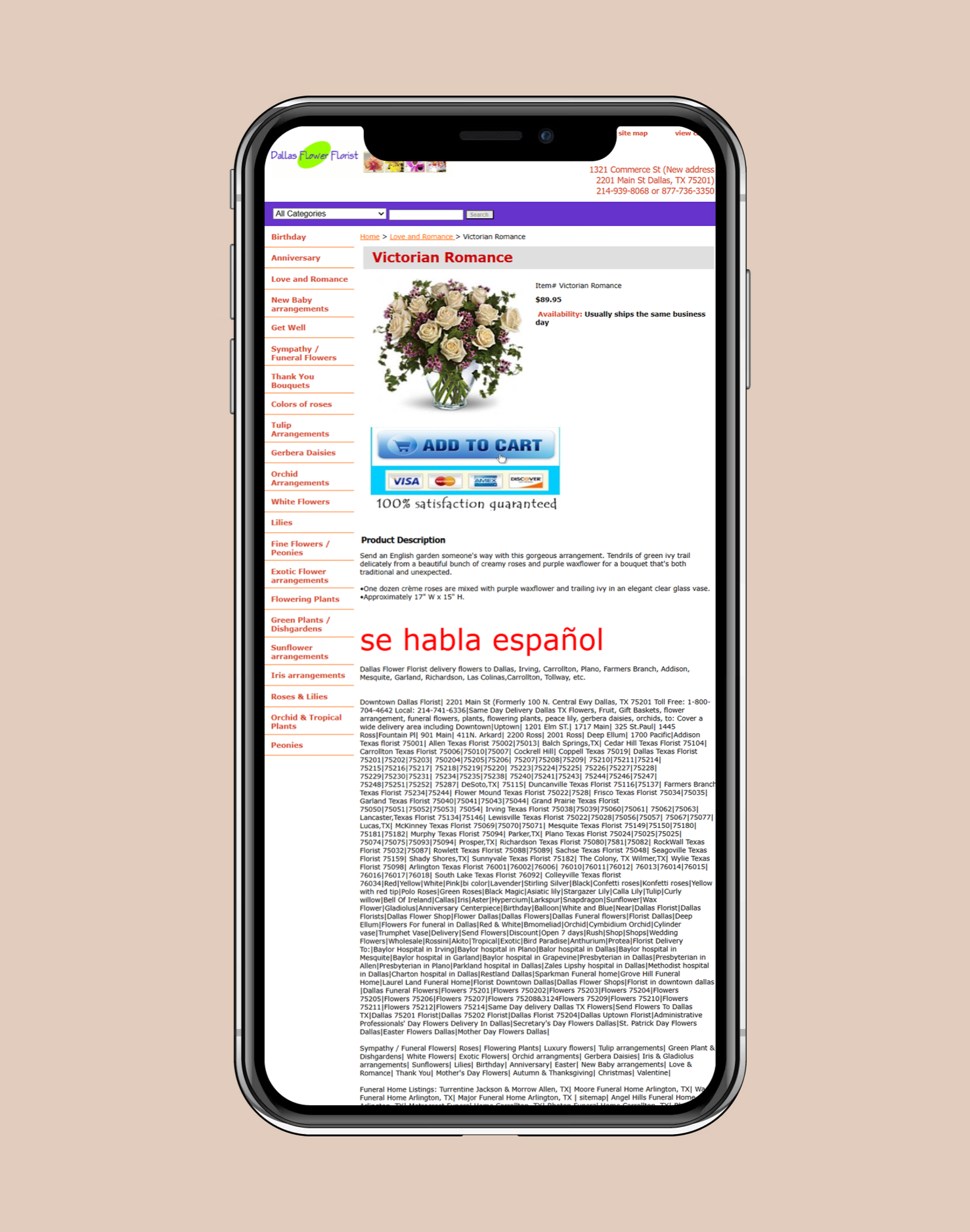 A smartphone displaying a webpage for a flower shop, featuring a bouquet of white roses and purple flowers, with options to add to cart and information about delivery and contact details.