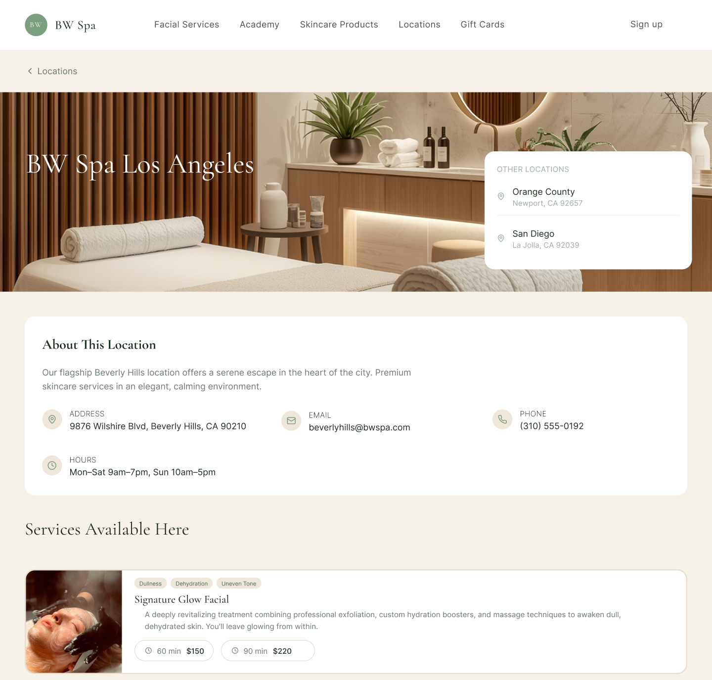 Screenshot of BW Spa Los Angeles website featuring a serene spa room with treatment beds, wooden wall paneling, plants, and skincare products, along with contact information and service details.