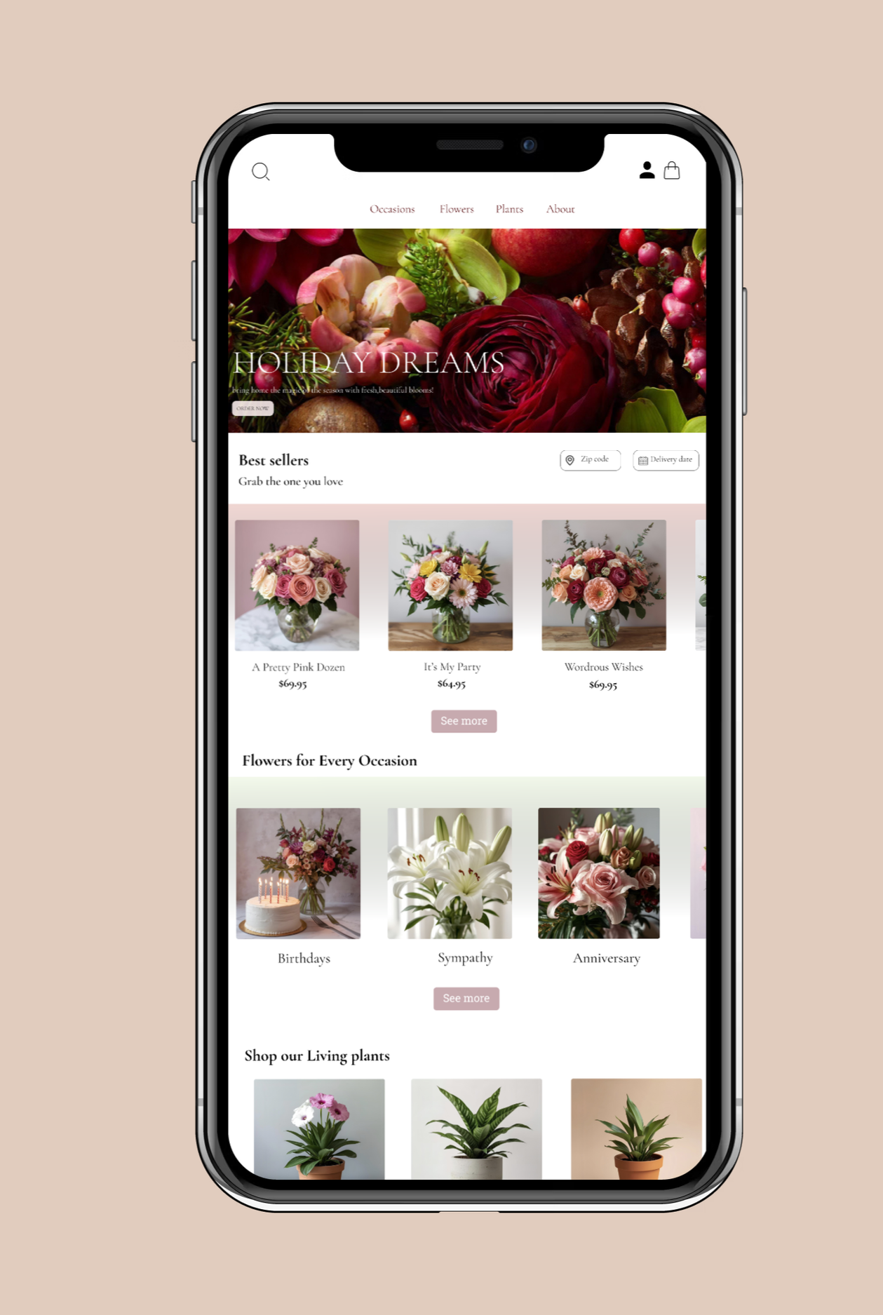 A smartphone displaying an online flower shop website called 'Holiday Dreams' with various flower arrangements, including bouquets and potted plants, on a beige background.