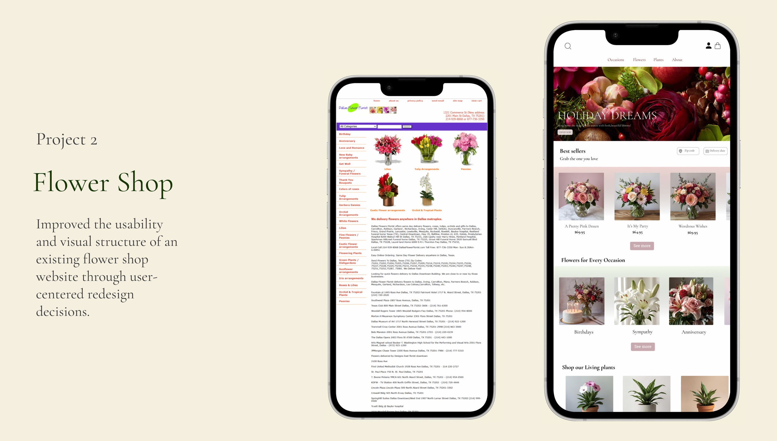Screenshots of a flower shop website on a smartphone, showing categories of flowers and floral arrangements, with navigation options for occasions, flowers, plants, and about.