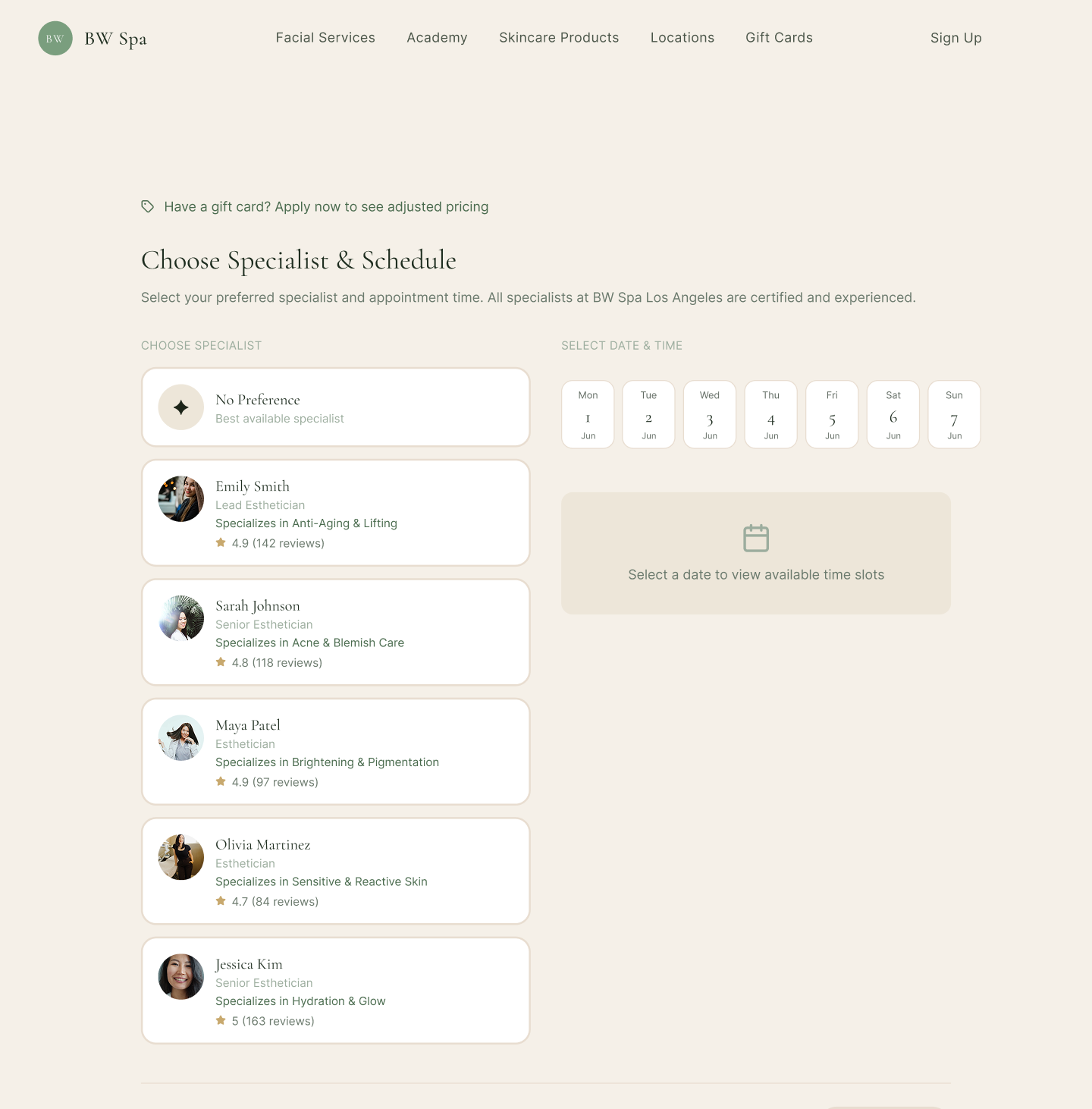 Screenshot of BW Spa appointment booking webpage showing a list of estheticians with their specialties, ratings, and reviews, along with available appointment dates and times.