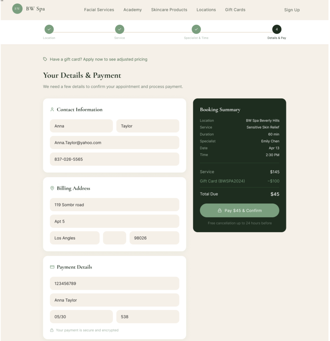 Screenshot of a spa appointment booking confirmation page showing contact information, billing address, payment details, and a booking summary for a sensitive skin relief treatment at BW Spa Beverly Hills.