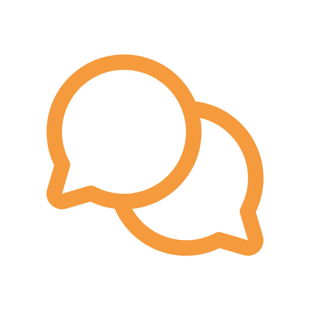 Two overlapping orange speech bubbles outlined in orange.
