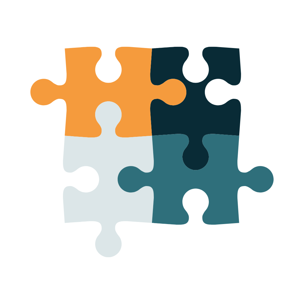 A digital illustration of four interconnected puzzle pieces, with colors orange, dark blue, light blue, and teal.