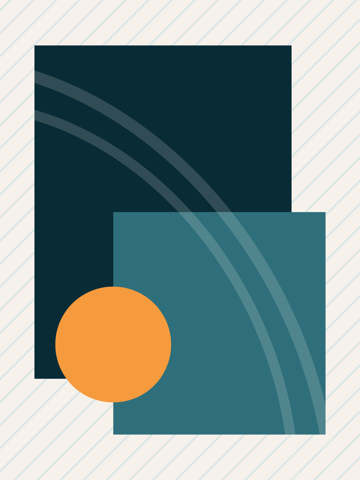 Abstract digital art featuring two overlapping squares in shades of blue, with curved lines and an orange circle on the lower left corner, on a light striped background.