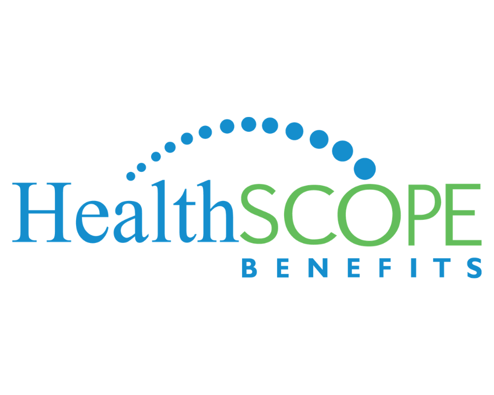Logo for HealthSCOPE Benefits with blue and green text and a dotted arch above the words